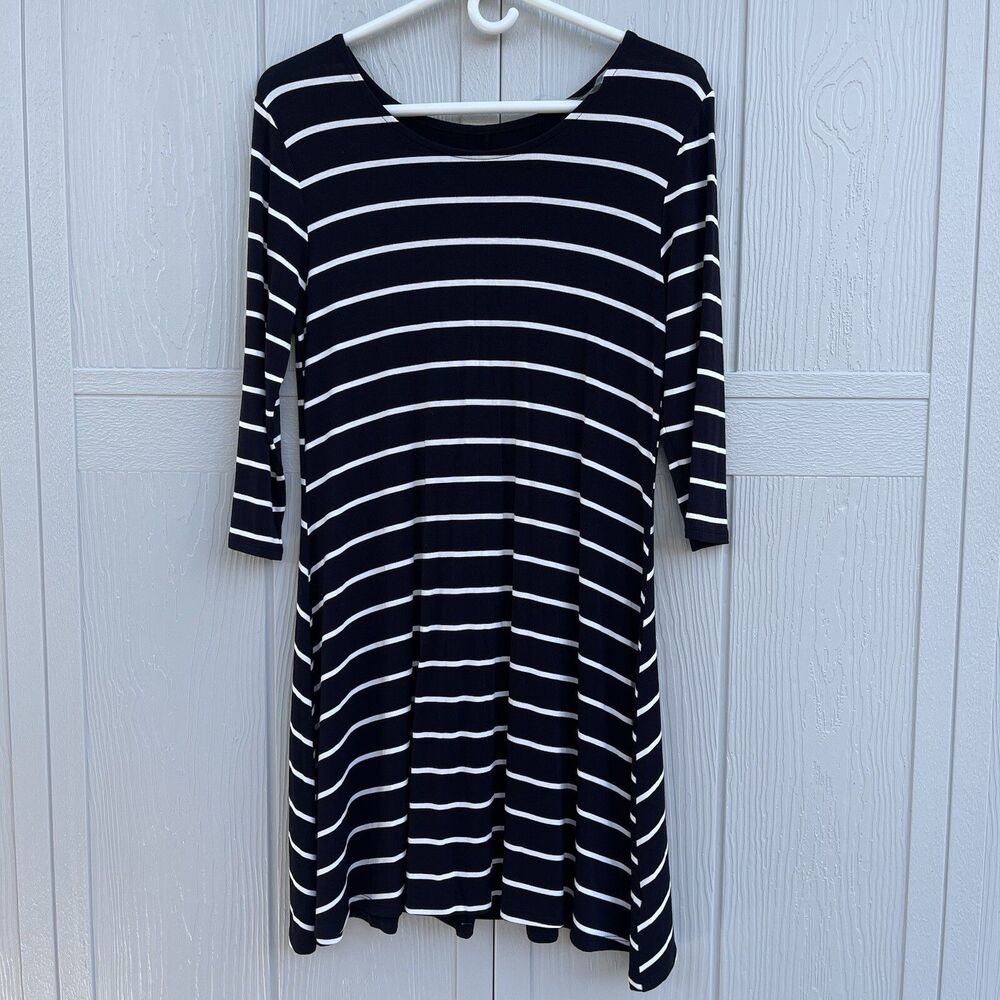 Arizona Jean Co Women’s Black White Striped Stretchy 3/4 Sleeve Dress Size M